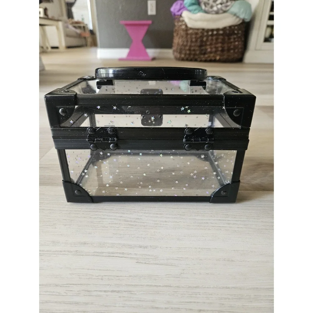 Vintage Caboodles Clear Acrylic Holographic Star Mini Train Case Makeup Box 7x5